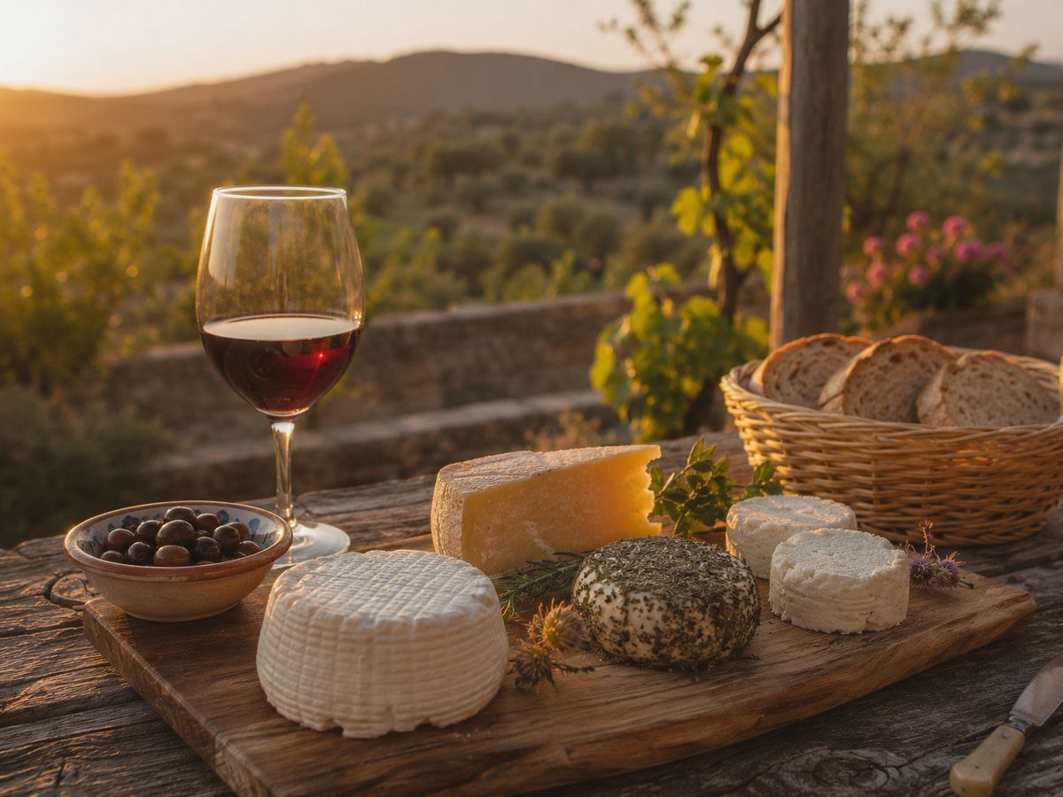 Cheese and wine tasting at golden hour