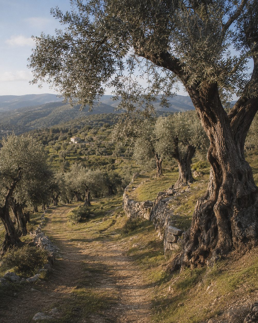 Dirt path through an old olive grove near Milas, stone walls and hills beyond